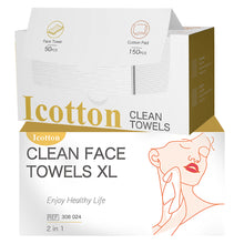 Load image into Gallery viewer, 100% Cotton Face Towels, 50 Pcs Biodegradable Towels & 150 Pcs Cotton Pads for Sensitive Skin.