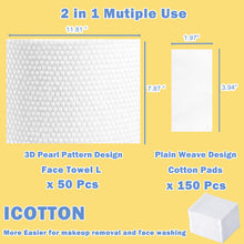 Load image into Gallery viewer, 100% Cotton Face Towels, 50 Pcs Biodegradable Towels & 150 Pcs Cotton Pads for Sensitive Skin.