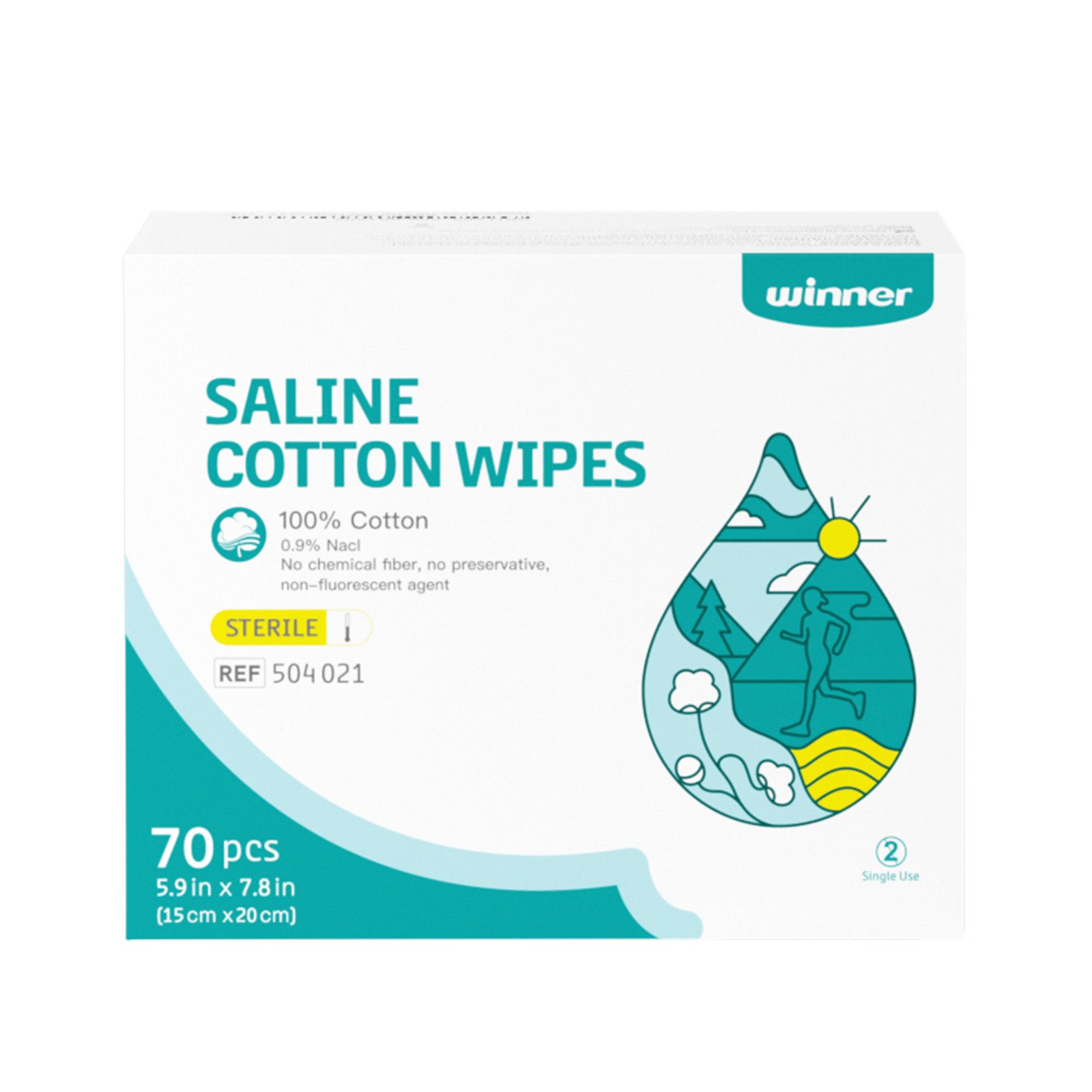 Winner Sterile Saline Wipes, Individual Package, 100% Cotton, Unscented, Large Size, 70 Count