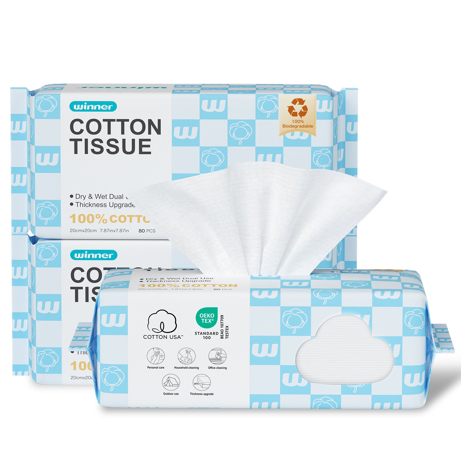Winner Soft Face Towels, Upgraded Thicker 100% USA Cotton Dry Wipes, Unscented and Gentle on Sensitive Skin, Disposable Makeup Remover and Facial Towelettes