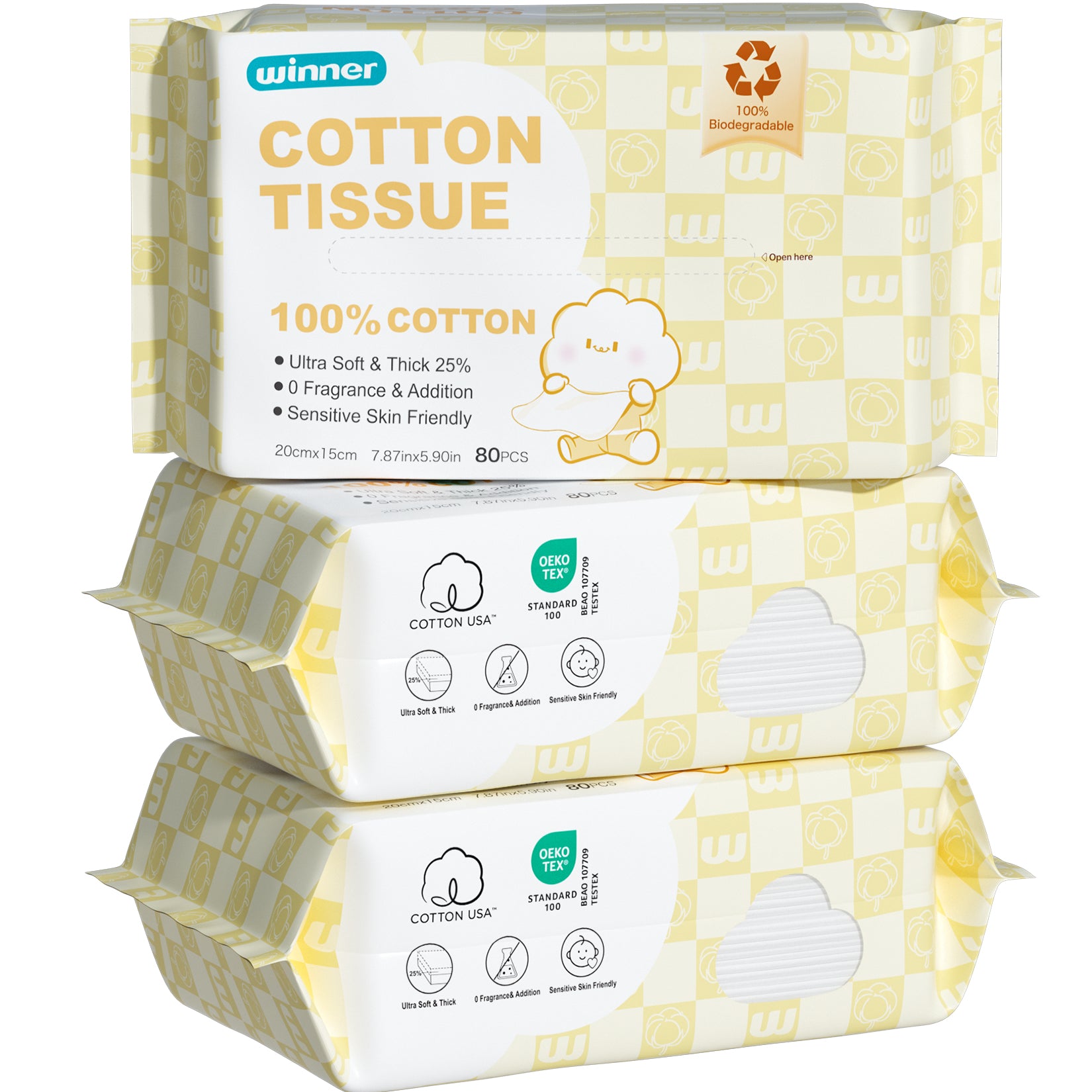 Winner 100% USA Cotton Dry Wipes, Ultra Soft Face Towels, Wet and Dry Use, Unscented and Hypoallergenic, Baby Necessities for Diaper Changes, Meals, and On-the-go Cleanup, 240 Count, Pack of 3