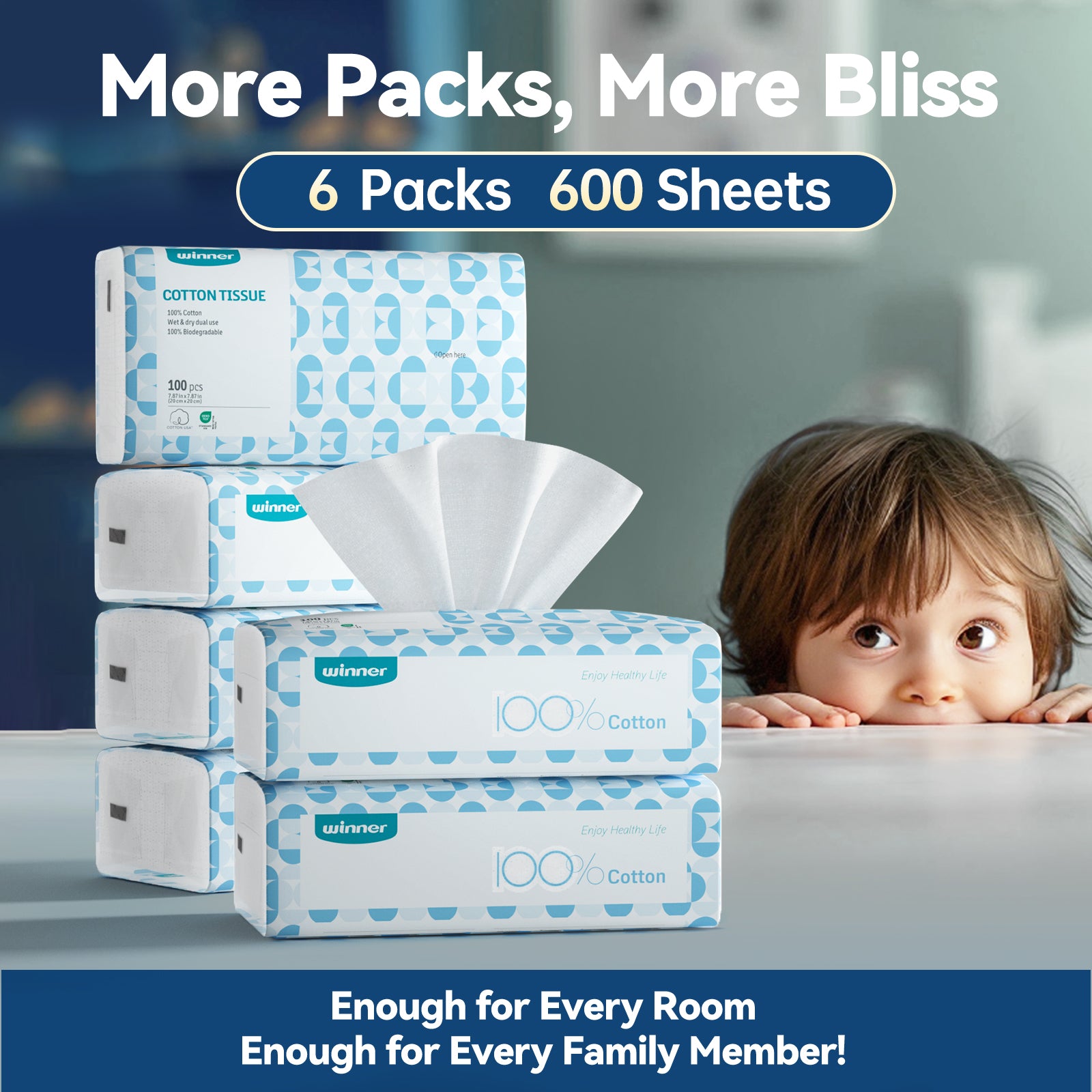 Winner 100% Cotton Dry Wipes, Softness, Use for Daily Cleaning and Face Care