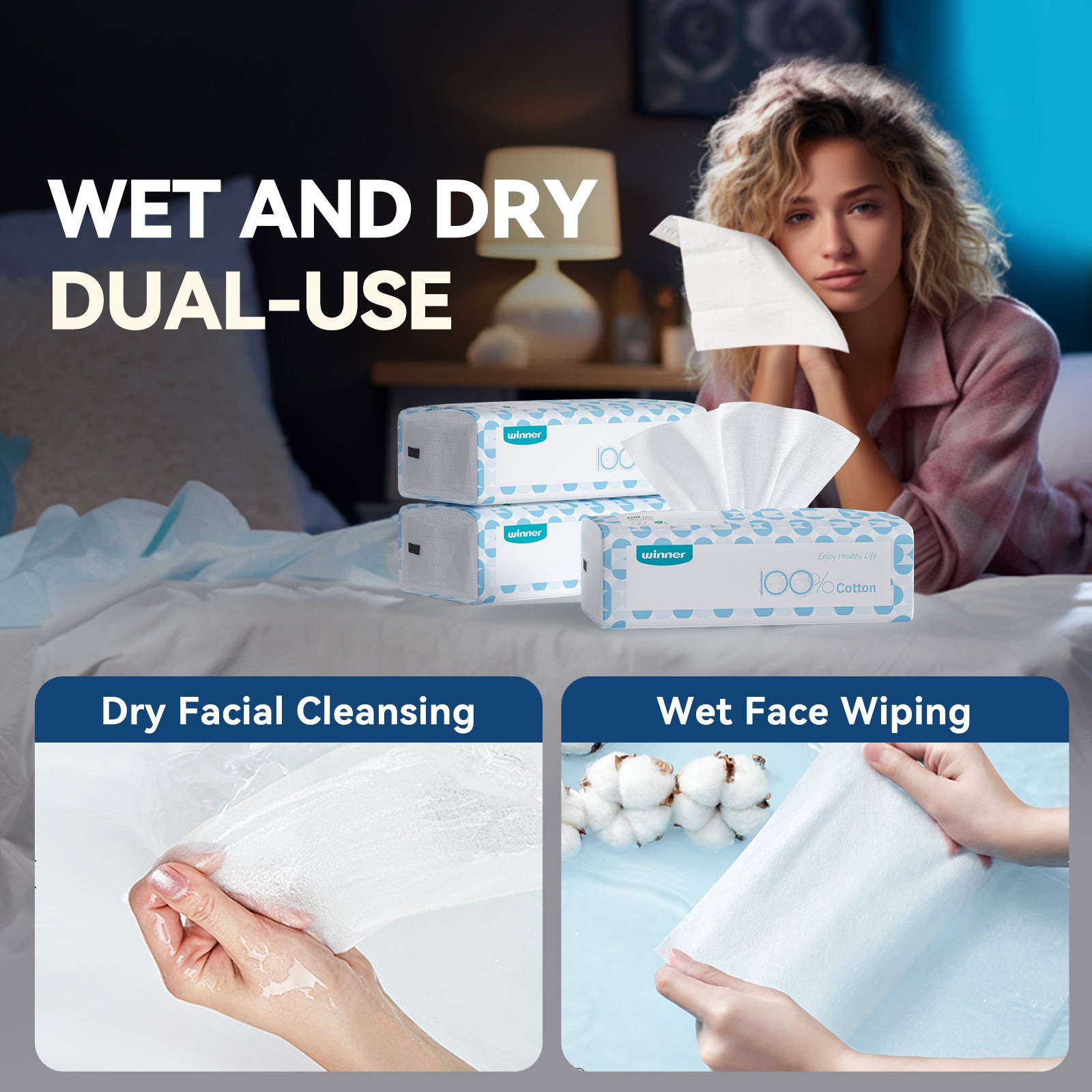 Winner 100% Cotton Dry Wipes, Softness, Use for Daily Cleaning and Face Care