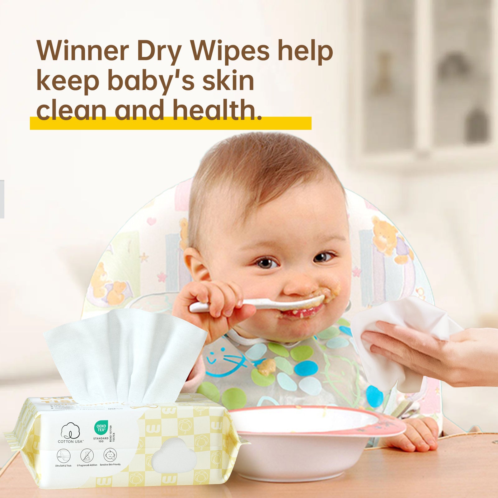 Winner 100% USA Cotton Dry Wipes, Ultra Soft Face Towels, Wet and Dry Use, Unscented and Hypoallergenic, Baby Necessities for Diaper Changes, Meals, and On-the-go Cleanup, 240 Count, Pack of 3