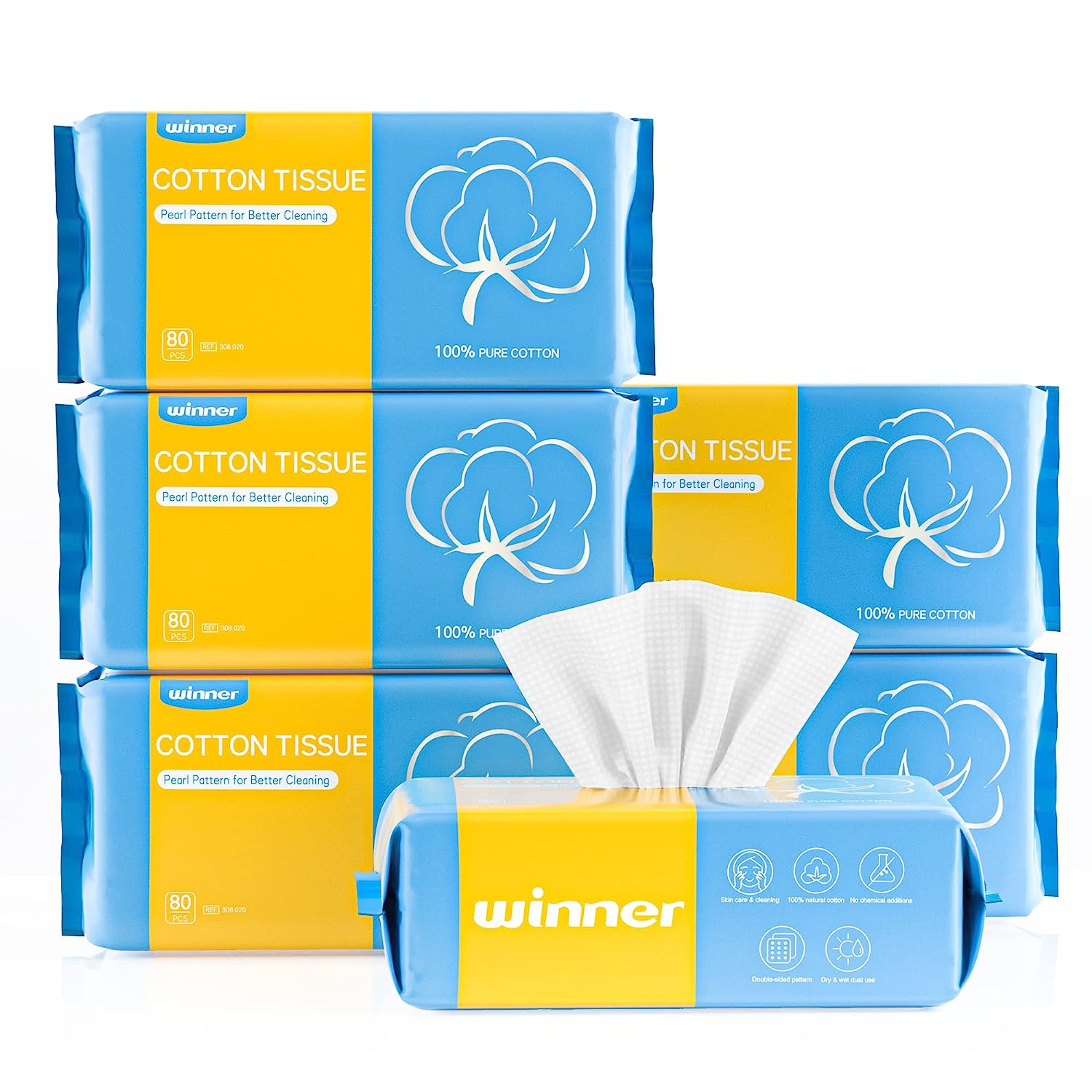 Winner Facial Tissue for Sensitive Skin, Makeup Wipes, Two-sided Texture, 480 Count