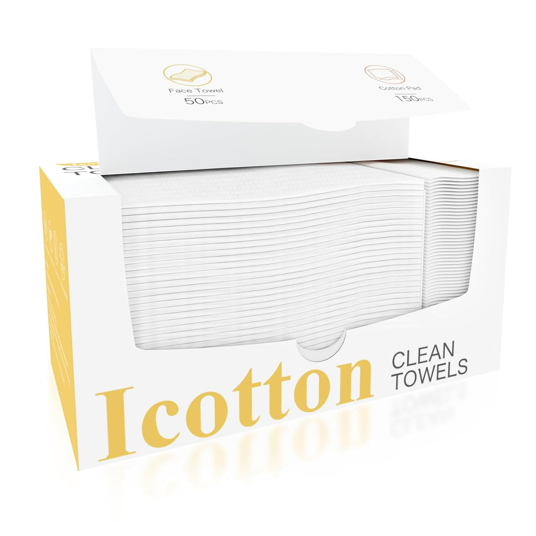 100% Cotton Face Towels, 50 Pcs Biodegradable Towels & 150 Pcs Cotton Pads for Sensitive Skin.